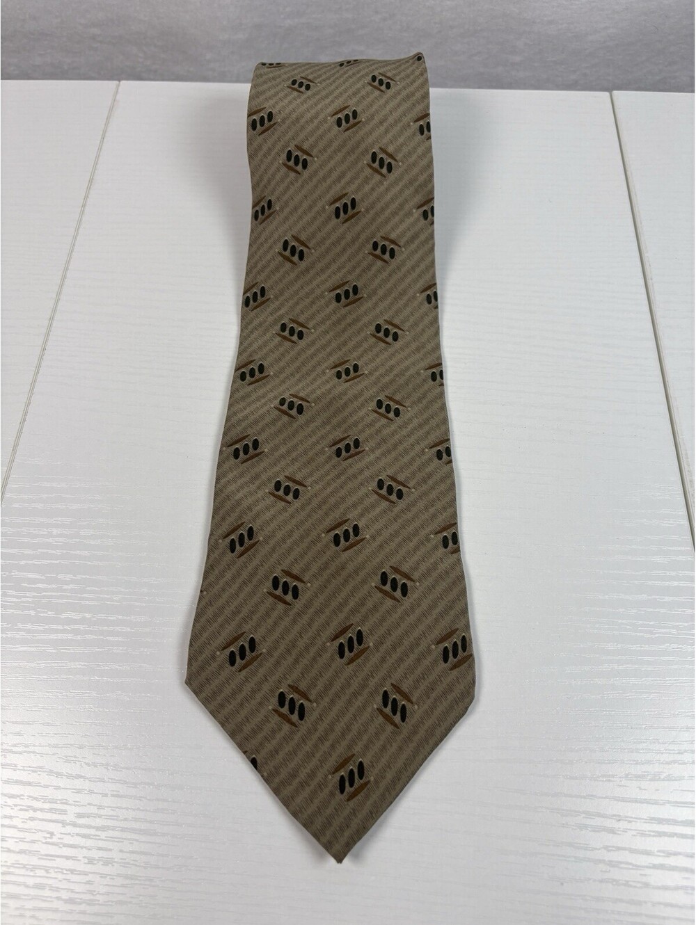 Etienne Aigner 100% Silk Necktie Tan Brown Green Geometric Dot Mens Dress Tie